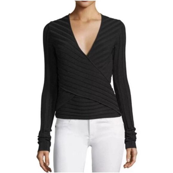 Cinq a Sept Black Titania Ribbed Wrap Front Cutout Top - Picture 1 of 7